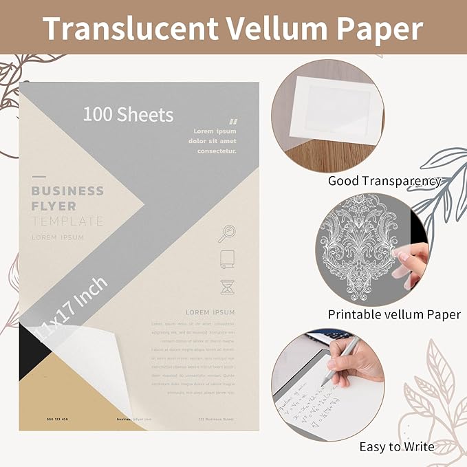 100 PCS 11x17 Inch Translucent Vellum Paper 60 GSM Drafting Vellum Tracing Paper Sheets White Translucent Invitation Paper for Drawing Sketching Wedding Architecture Building Ink (Can't Print)