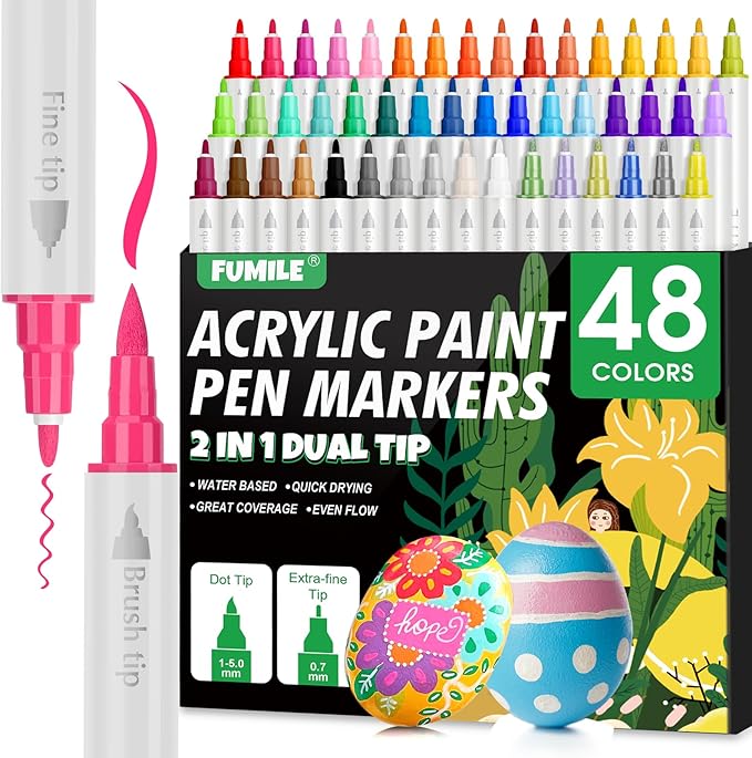 FUMILE 48 Colors Dual Tip Acrylic Paint Pens,Paint Markers With Extra Fine Tip and Brush Tip for Wood, Rock, Glass, Ceramic, Canvas, Paper.Paint Markers for DIY Craft,Halloween and Christmas