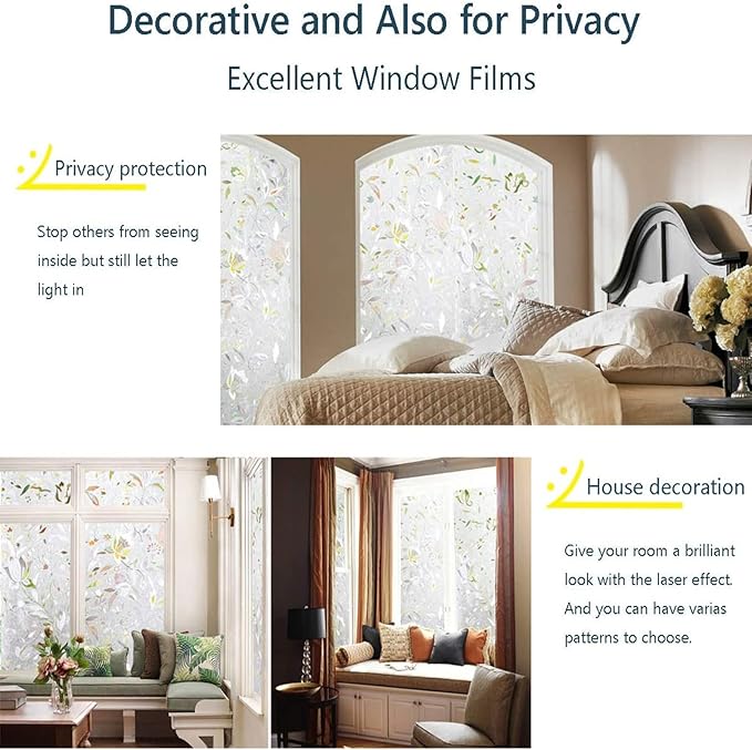 LEMON CLOUD Window Film, Decorative Window Privacy Film, 3D Stained Glass Window Sticker,Anti-UV Sun Blocker Heat Control for Home(Rainbow Tulip Design,23.6 x 111.8 inches)