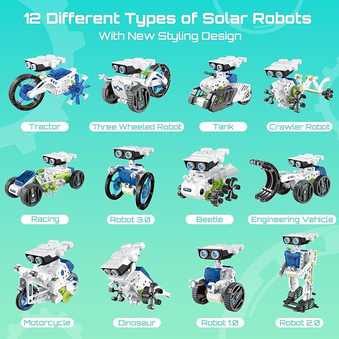 12-in-1 Solar Robot Kit for Kids 8-12, STEM Educational Building Toys with Solar & Battery Power, DIY Science Experiment Projects, Easter Birthday Gifts for Boys Girls Age 8 9 10 11 12 Years Old-Green