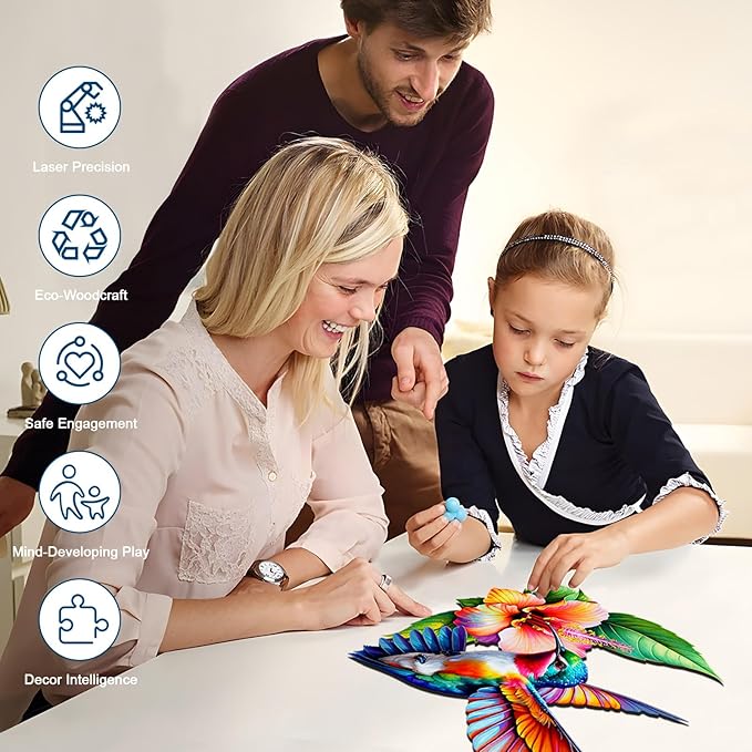 Wooden Jigsaw Puzzles for Adults and Kids, Hummingbird Blossom 200 Piece Unique Shaped Puzzle, Family Game and Creative Wooden Puzzle Gift, Wall Art Decor