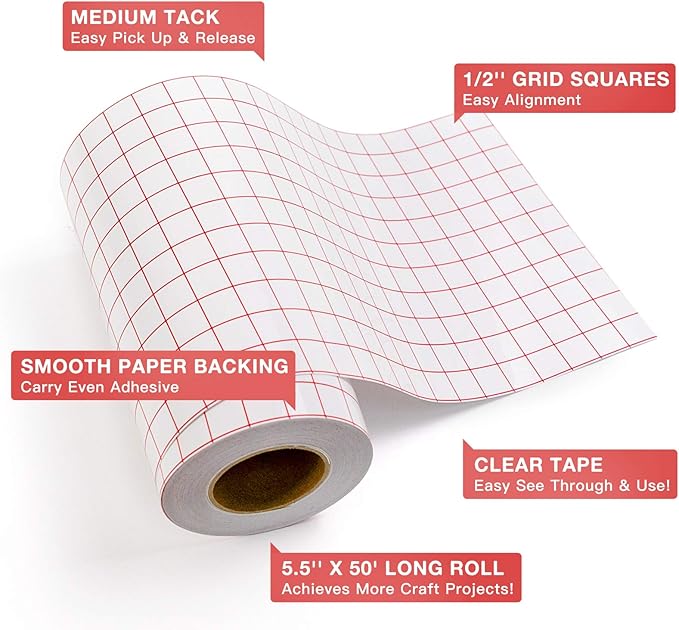 HTVRONT Transfer Tape for Vinyl- 5.5" x 50 FT w/Red Alignment Grid for Adhesive Vinyl, Silhouette Cameo Transfer Paper for Vinyl for Decals,Signs, Windows, Stickers