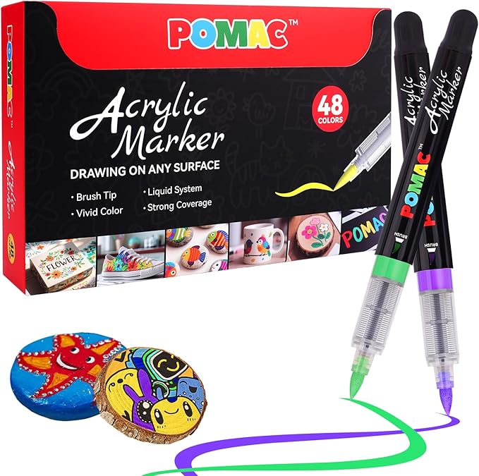 POMAC 48 Colors Acrylic Paint Markers, Water-Based Acrylic Pens Brush Tip, Art Drawing Liquid Paint Pens for Fabric, Canvas, Rock, Glass, Wood, Paper, DIY Crafts and Art Supplies