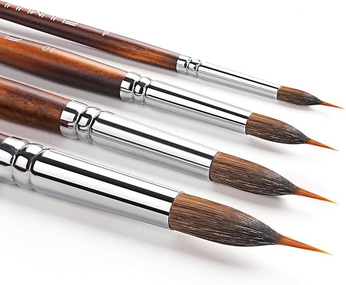 Watercolor Brushes Professional, Fuumuui 4Pcs Extended Needle Point Brushes Synthetic Extra Long Pinhead Brush with Sable Body for Fine Detailing - Watercolor Acrylic Gouache Inks Painting