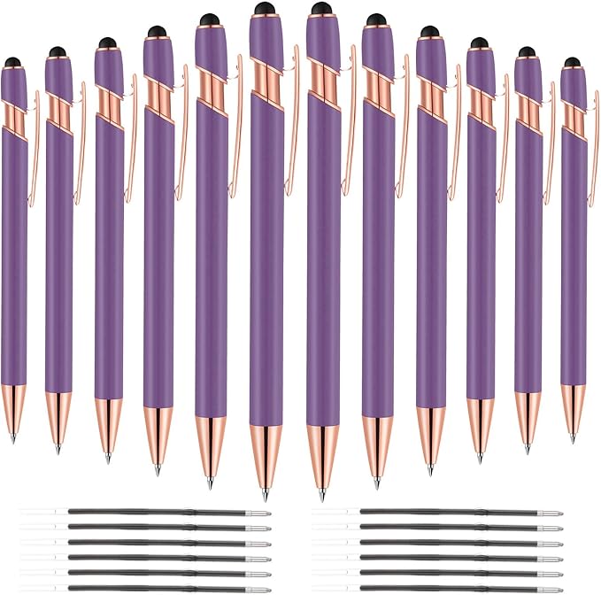 12 PCS 2 in 1 Stylus Ballpoint Pen with Stylus Tip, 1.0 mm Black Ink Metal Pen Stylus Pen for Touch Screens (Light Purple)