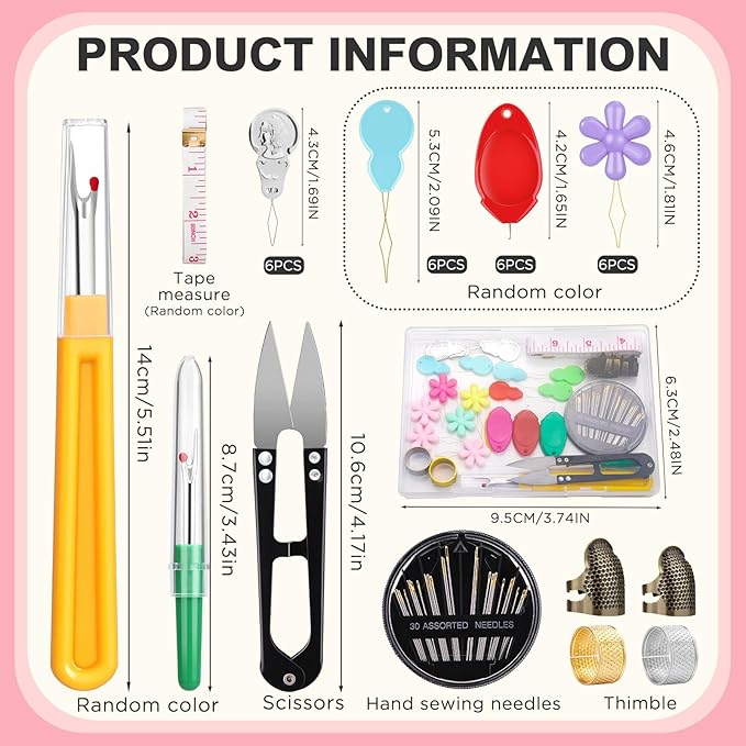 KAQRHFT 24 PCS Needle Threaders Kit, 4 Types Needle Threader with Embroidery Needles, Seam Ripper, Thread Snips, Thimble and Measuring Tape, Sewing Tool Kit for Hand Sewing