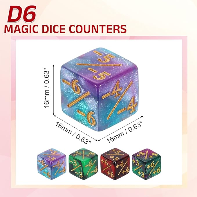 uxcell 24Pcs Magic Dice Counters, Acrylic D6 Life Token Dice Set with Pouch for Standard Cards Gaming Accessories, Red & Black, Green & Black, Green & Purple, Blue & Purple