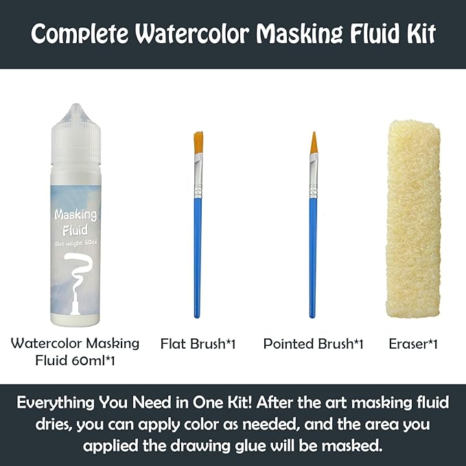 White Masking Fluid for Watercolor Painting 60ml, Resistant Ink and Pouring Paint, Watercolor Masking Fluid Keeps Areas Colorless and Edges Sharp
