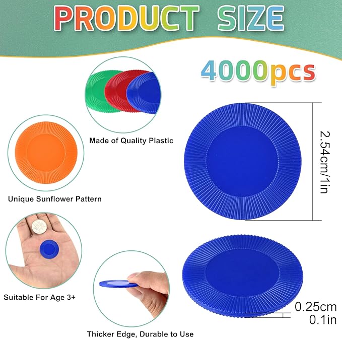 Coopay 4000 Pieces 10 Colors Plastic Poker Chips, 1 Inch Bingo Chips Bulk Learning Counters Disks Poker Card Game, Counting Markers for Math Practice, Game Tokens and Teaching Rewards, 25 mm