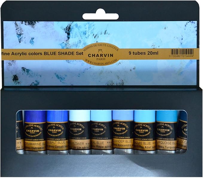 Charvin Extra Fine Professional Acrylic Paint Set for Artists, Blue Shades - Bonjour Set of 9, 20 ml Tubes, Triple-Milled, Lightfast Pigments, Artist Acrylic Paints in Nature-Inspired Hues