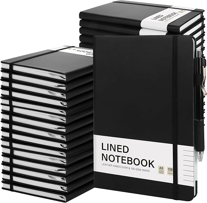 Aodaer 30 Set Lined Notebook Journals with Pens A5 Notebooks 100 GSM College Ruled Hardcover Notebook PU Leather Notepad with Pen Holder for Office School, 5.7 x 8.3 Inches, Black