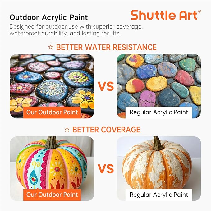 Shuttle Art 25 Colors Outdoor Acrylic Paint Set, 2oz/60ml Waterproof Acrylic Paint with 10 Brushes 1 Palette, Rich Pigmented Paints for Artists, Beginners on Rocks, Wood Crafts, Garden Statues