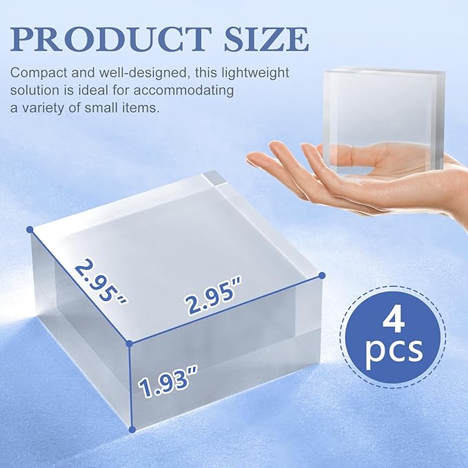 Acrylic Blocks 3 X 3 X 2 Inch 4 Pcs Acrylic Base Stand for Display Clear Block Square Riser Display Stands Pedestal Polished Cube for Jewelry trophy Props Collection Ring