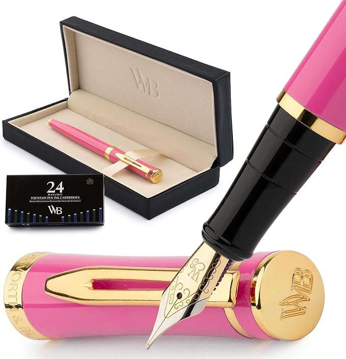Wordsworth & Black Fountain Pen Set, Medium Nib, Includes 24 Ink Cartridges and Ink Refill Converter, Gift Case, Journaling, Calligraphy, Smooth Writing Pens [Hot Pink], Perfect for Men and Women