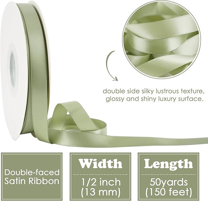 HUIHUANG Sage Green Double Faced Satin Ribbon 1/2 inch X 50 Yards Continuous, Dusty Sage Satin Ribbon for Gift Wrapping, Bows, DIY Crafts, Flower Bouquet, Bridal Shower Wedding Decor