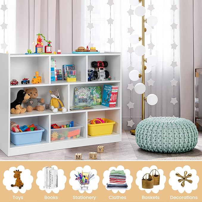 KOTEK Toy Storage Organizer, 8 Cubby Kids Bookshelf, Wooden 4-Tier Bookcase Storage Cabinet, Open Display Book Shelf for Daycare, Nursery, School Classroom, Playroom & Bedroom (White, 8 Cubes)