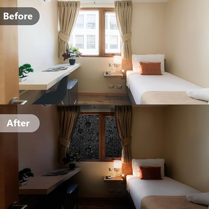 LEMON CLOUD Total Blackout Window Film Privacy Static Cling Frosted Black Window Covering 100% Opaque Film Tint Darkening Removable Film for High Privacy，(Blackout Tulip Design,29.5 x78.7 inches)