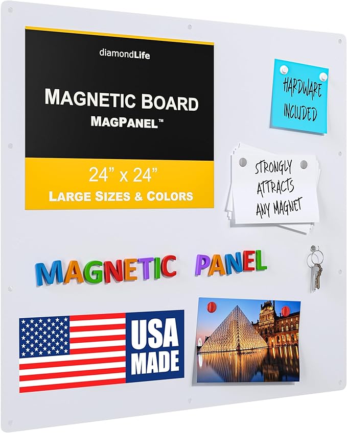 Diamond Life Magnetic Board - Memo & Vision Board for Home, Office, and Classroom - Magnet Board for Kids - Pre-drilled Mounting Screws Included (White 24"x24")