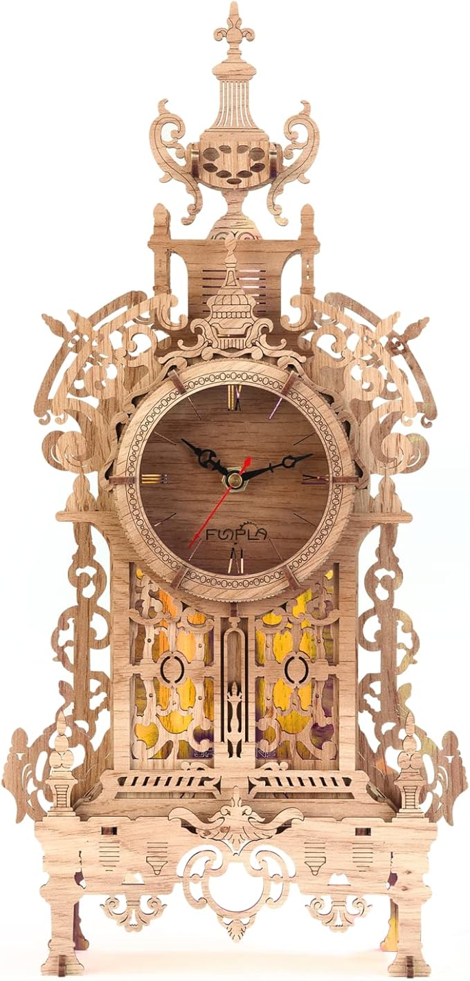 3D Wood Puzzle LED Tower Clock, 3D Puzzle Building Desktop Clock Model DIY Architectural Building Blocks (LED-TC01 Wood)
