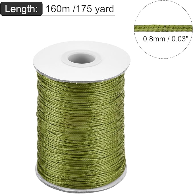 MECCANIXITY Waxed Cord 0.8mm Waxed Polyester Cord 175 Yard Wax String for Bracelet Making,Necklaces, Beading,Jewelry Making and DIY Crafts(Olive Green)