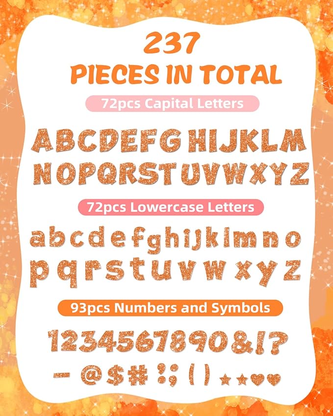 237 Pcs Glitter Bulletin Board Letters, Numbers and Punctuation, Poster Board Letters Alphabet Cut Out Cardboard Letters Accessories for Classroom Display Decorating Supplies 4inch (Orange)