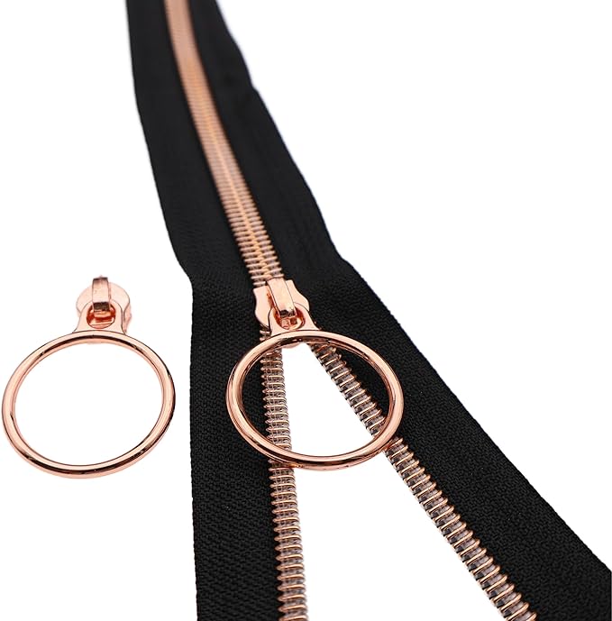 Leekayer #5 Rose Gold Metallic Teeth Nylon Coil Zippers by The Yard Bulk 10 Yards Black Zipper Tape with 25pcs Rose Gold Ring Pull Sliders for DIY Sewing Tailor Craft Bag(Black)