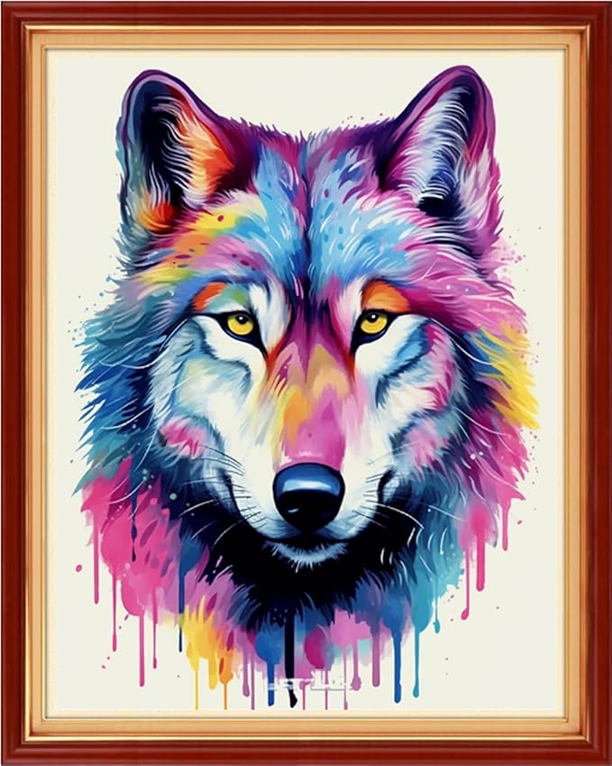 Joyhoor Cross Stitch Kits for Beginners Stamped Cross-Stitch Supplies Needlework preprint Embroidery Kits for Adults DIY Needlepoint Kits Embroidery Patterns 11CT-Rainbow Wolf 16x20 inchs