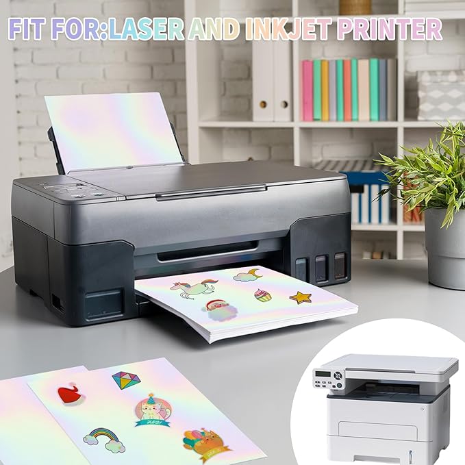 20 Sheets Holographic Sticker Paper,8.5x11 Inch Clear Printable Vinyl Sticker Papers,Self-Adhesive Waterproof for Inkjet/Laser Printer（Clear Laser）