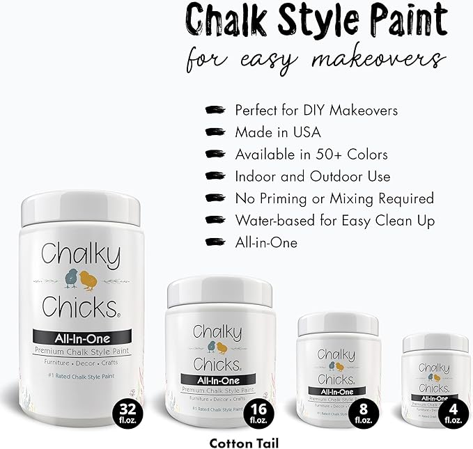 Chalky Chicks All-in-One Chalk Paint for Furniture or Cabinet - 16 Fl Oz - Matte Finish CottonTail White for Metal, Wood Furniture Paint - No Sanding All-in-One for Home Decor & Crafts, USA Made