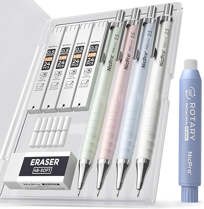 Nicpro Cute Mechanical Pencil Set, 4PCS 0.5mm Pastel Drafting Pencils with 4 Tube HB Lead Refills, 4B Erasers, Rotary Retractable Eraser and Eraser Refill for Writing Sketching Back to School Supplies