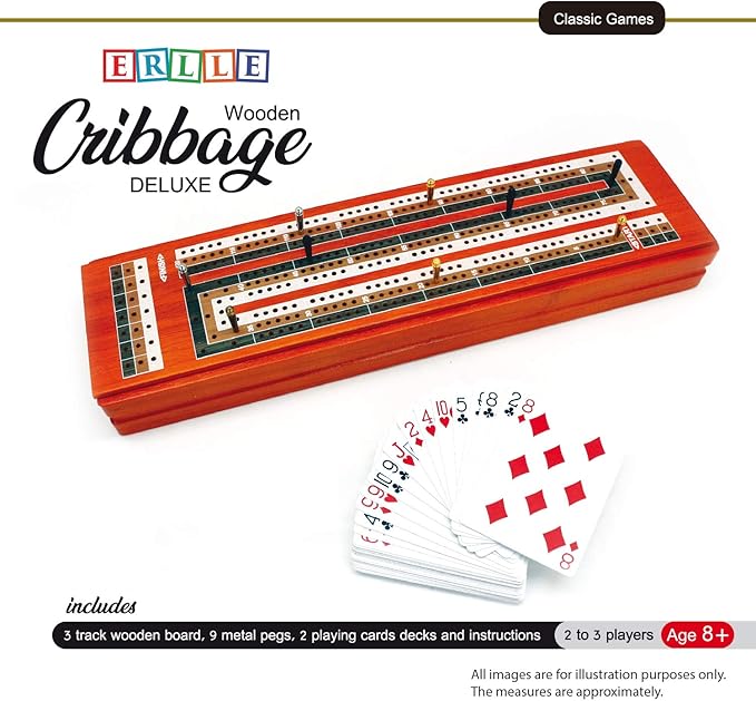 ERLLE - Wooden Cribbage Board Game Set, Continuous 3 Track Wooden Board, 9 Metal Pegs, 2 Decks of Cards, Sliding Lid and Storage, Unique Cribbage Boards,Travel Portable Cribbage Game Sets