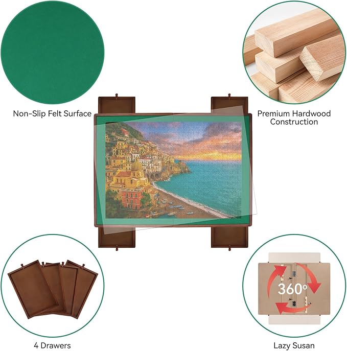 1500 Pieces Rotating Puzzle Board with Drawers and Cover, 34.4"x24.2" Portable Wooden Jigsaw Puzzle Table for Adults and Teens, Puzzle Board with Lazy Susan & Felt, Christmas Birthday Gift