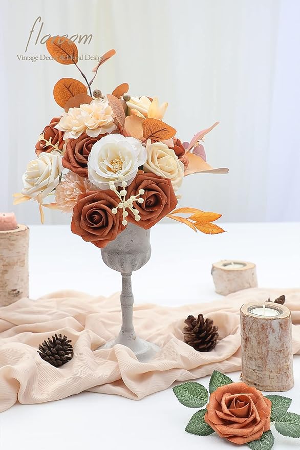 Floroom Artificial Flowers 25pcs Real Looking Burnt Orange Foam Fake Roses with Stems for DIY Terracotta Wedding Bouquets Bridal Shower Centerpieces Floral Arrangements Party Tables Home Decorations