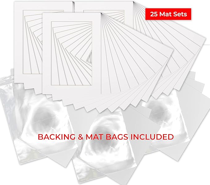 6x8 Mat for 8x10 Frame - Precut Mat Board Acid-Free Show Kit with Backing Board, and Clear Bags White 6x8 Photo Matte Made to Fit a 8x10 Picture Frame Matboard for Framing, Pack of 25 Mats
