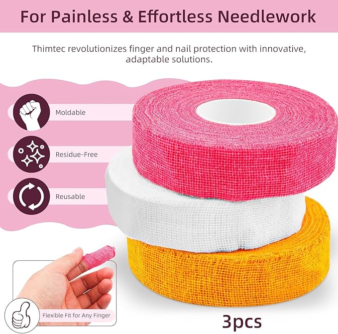 3Rolls Thimble Tape for Hand Sewing Multi-Used Sew Thimbles Nail Finger Protector - Alternative to Classic Knitting Thimbles Adjustable Cotton Tapes for Embroidery Paperwork Carving Sorting Task