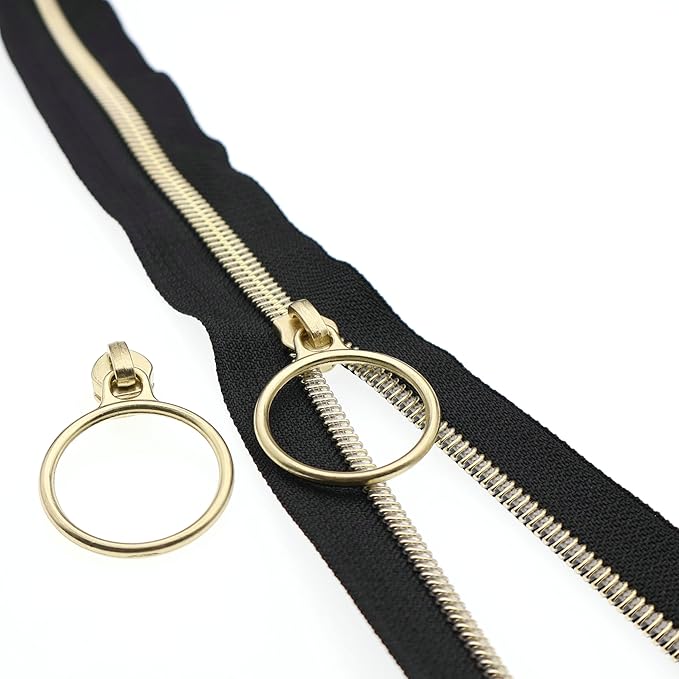 Leekayer #5 Metallic Nylon Coil Zippers by The Yard Bulk 10 Yards Black Zipper Tape with 25pcs Gold Ring Pull Sliders for DIY Sewing Tailor Craft Bag(Black Gold)