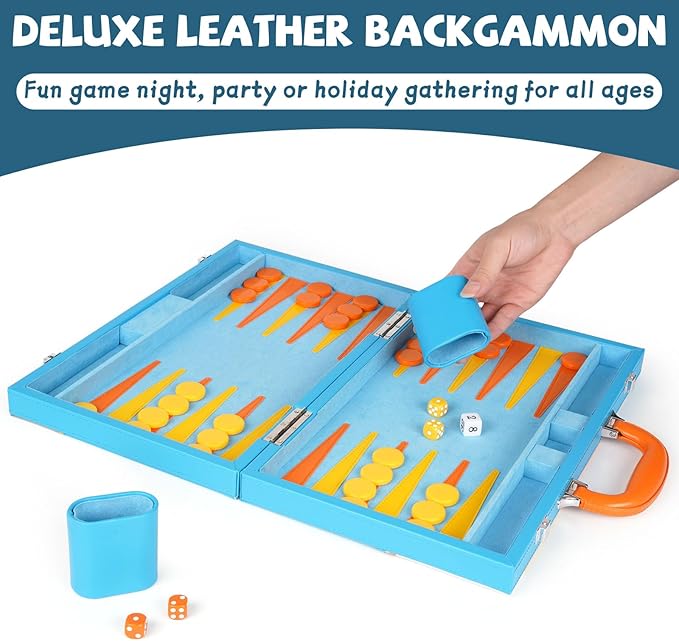 Backgammon Set, 15 Inches Classic Board Game with Leather Case, Geometric Leather Backgammon Game, Folding Portable Travel Strategy Backgammon Game Set for Adults