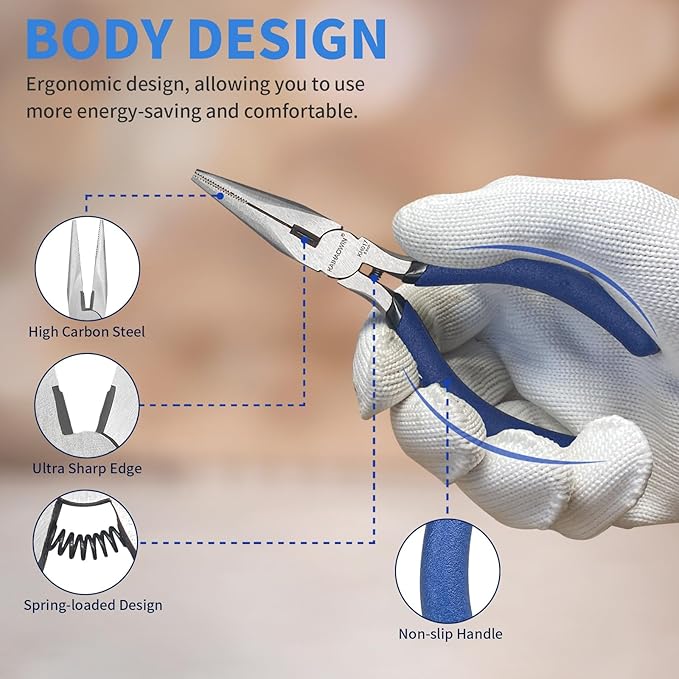 KAIHAOWIN 6-Piece Tool Set with Case, 8.8” Long Nose, 8.8” Linesman, 8” Diagonal, 6“ Adjustable Wrench, 5” Needle Nose, 5" Flush Cutter for Repairing & Home Use