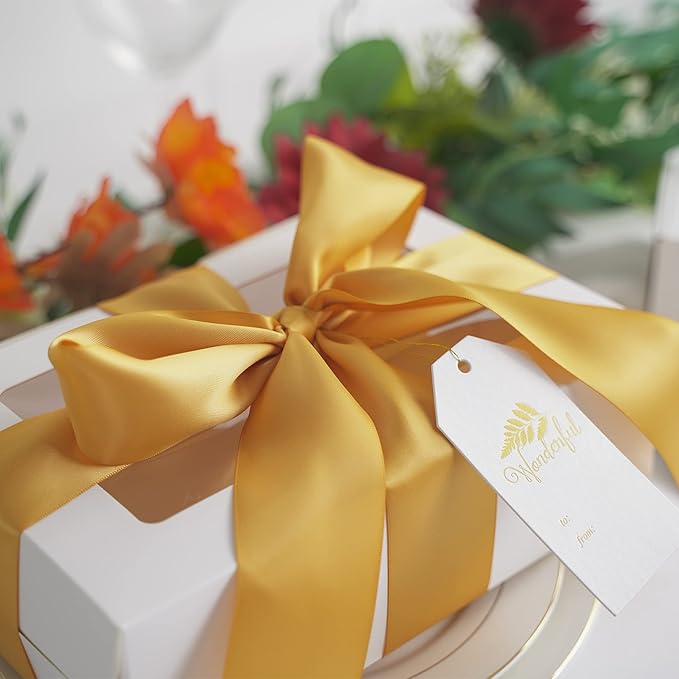 HUIHUANG Old Gold Satin Ribbon - 2 inch Wide Double Face Gold Silk Like for Wedding, Crafts, Gift Wrapping, Christmas Decor, Bows - 25 Yards/Roll