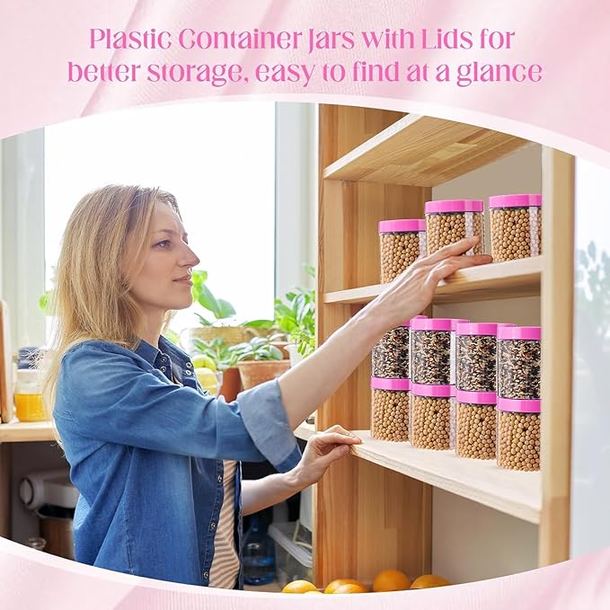 SATINIOR 12 Pack 16 oz Plastic Container Jars with Lids Round Clear Travel Cosmetic Container Slime Jars for Toiletries, Lotion, Cream, Ointments, Makeup, Rhinestone, Samples, Kitchen Storage(Pink)