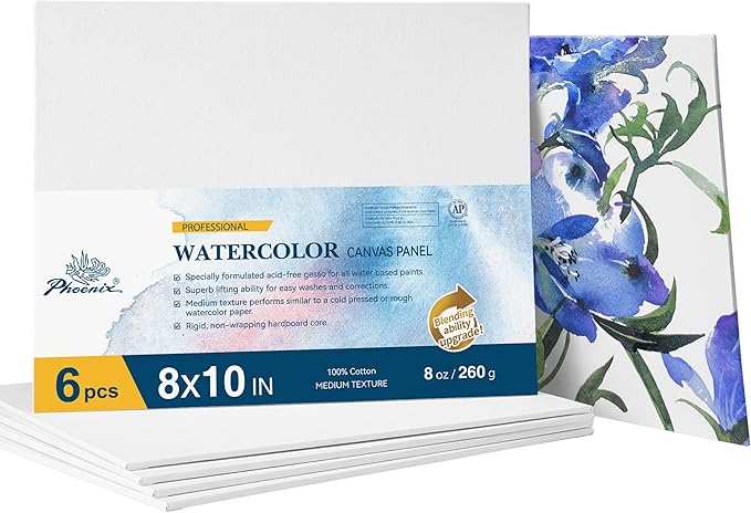 PHOENIX Watercolor Canvas Boards for Painting - 8x10 Inch/6 Pack, 100% Cotton Water Color Canvas Panels, 8 Oz. / 260g White Blank Medium Texture Flat Canvases for Water Based Paints