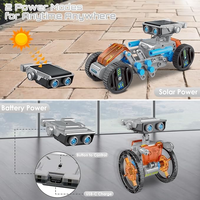 12-in-1 Solar Robot Kit for Kids 8-12, STEM Educational Building Toys with Solar Panel & Battery Power, DIY Science Experiment, Easter Birthday Gifts for Boys Girls 8 9 10 11 12 Years Old-Grey