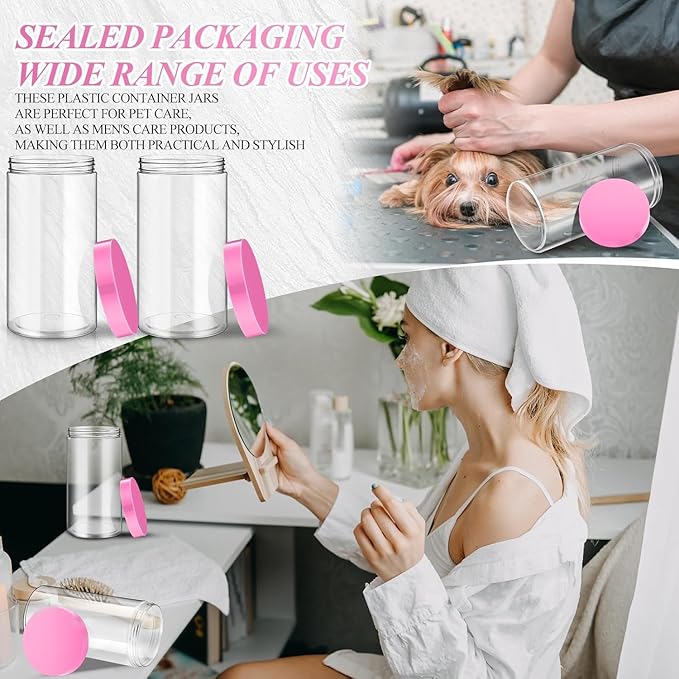 SATINIOR 12 Pack 32 oz Plastic Container Jars with Lids Round Clear Travel Cosmetic Container Slime Jars for Toiletries, Lotion, Cream, Ointments, Makeup, Rhinestone, Samples, Kitchen Storage(Pink)