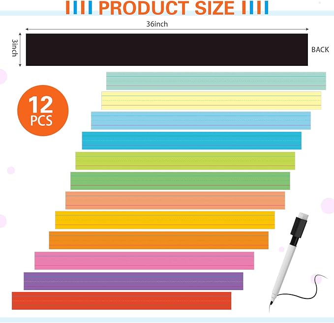 Faccito 12 Pieces Large Magnetic Sentence Strips 3 x 36 inch Dry Erase Sentence Strips Jumbo Multicolor Magnetic Handwriting Paper with Lines for Teacher Whiteboard Classroom School Supplies