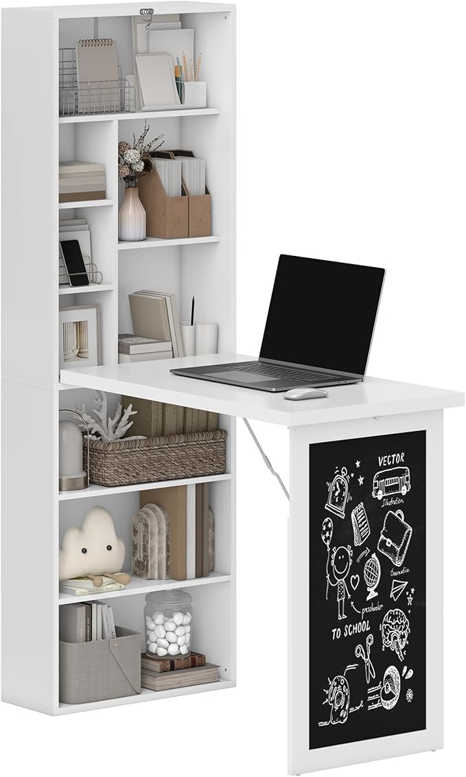 HOMCOM Fold-Out Convertible Writing Table, Wall Mount Desk Cabinet with Blackboard and Side Shelf Multi-Function Home Office Workstation, White