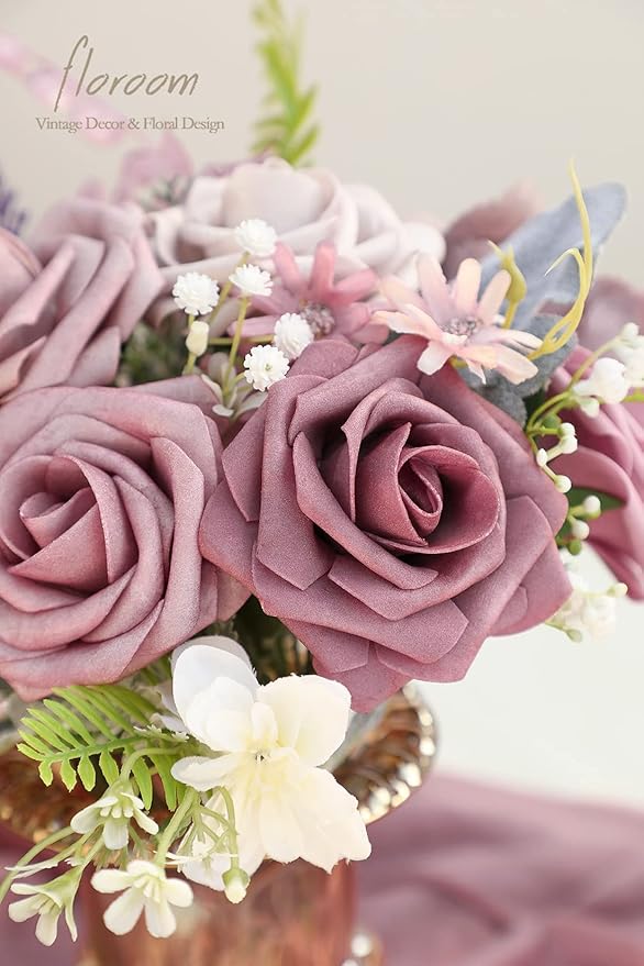 Floroom Artificial Flowers 25pcs Real Looking Mauve Ombre Colors Foam Fake Roses with Stems for DIY Wedding Bouquets Bridal Shower Floral Centerpieces Party Tables Home Decorations