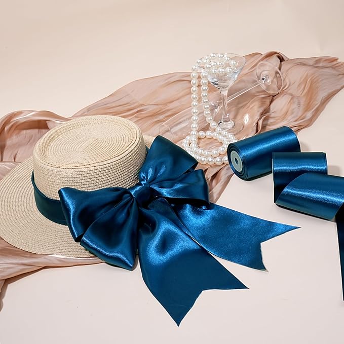 LaRibbons Navy Satin Ribbon 4 Inch 10 Yards Double Faced Luxury Dark Blue Silk Ribbon for Gift Wrapping Flower Bouquets Bow Christmas Wedding Party Decoration