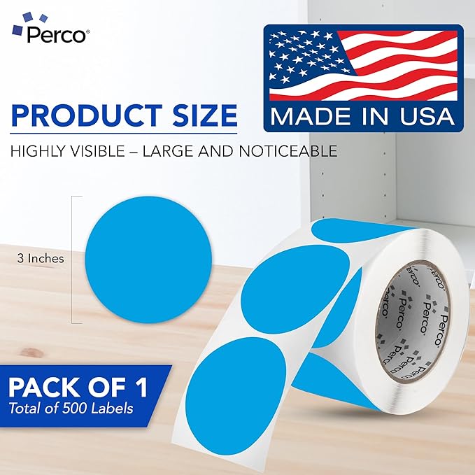 Perco Light Blue 3-Inch Round Circle Dot Sticker Labels with Easy Peel Perforation - 500 Labels per Roll - Strong Adhesion, Vibrant Colors for Organizing, Crafting & More - Made in USA