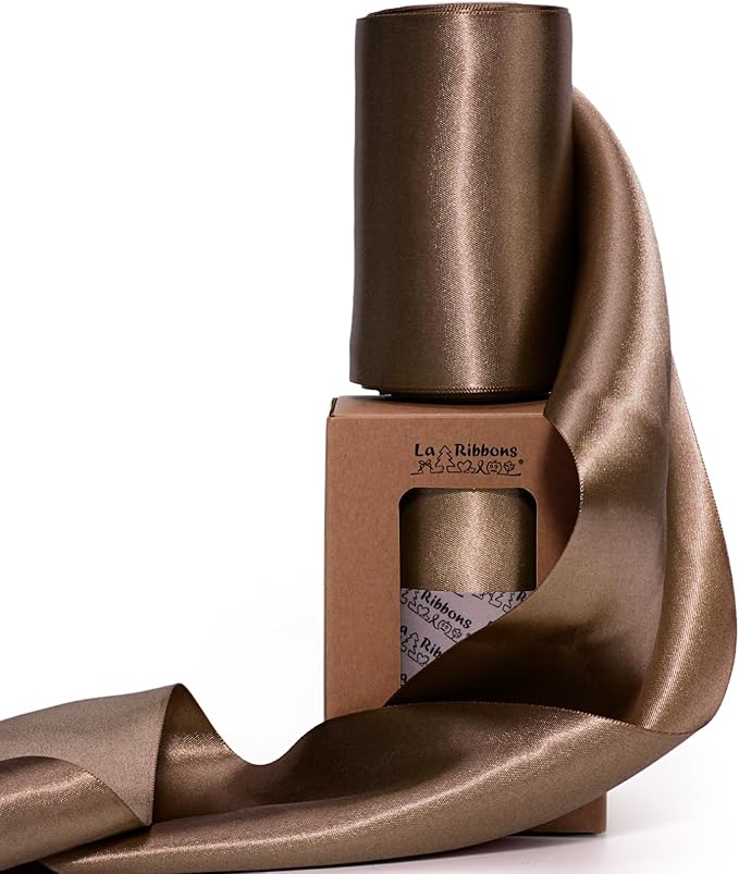 LaRibbons Brown Satin Ribbon 4 Inch 10 Yards Double Faced Luxury Mocha Silk Ribbon for Gift Wrapping Flower Bouquets Bow Christmas Wedding Party Decoration