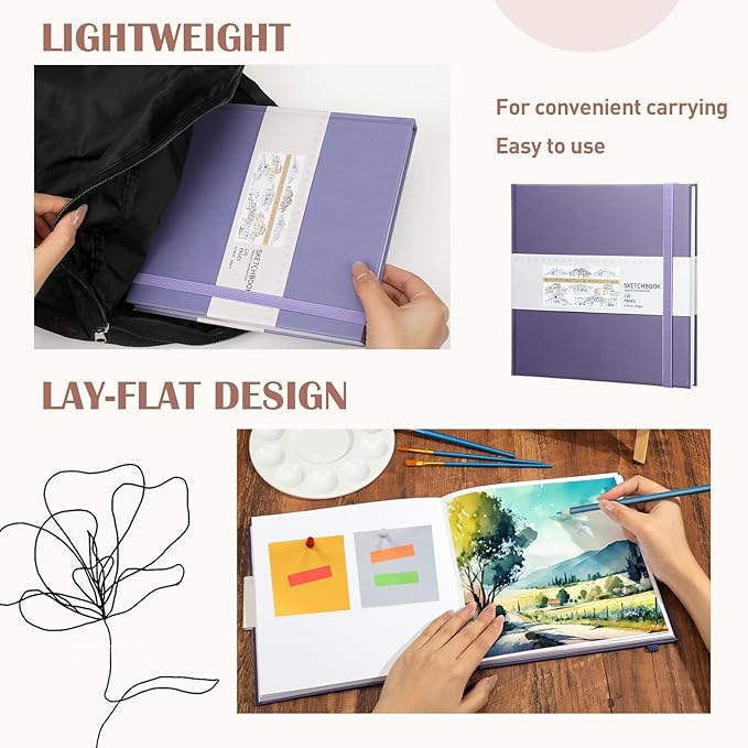 Moinchore Back to School Gifts Square Sketchbook 8 x 8 Inch Hardcover Art Sketch Book Drawing Papers 120 Pages, Mixed Media Journal Notebook with Elastic Closure Sketchbook for Drawing(Purple)